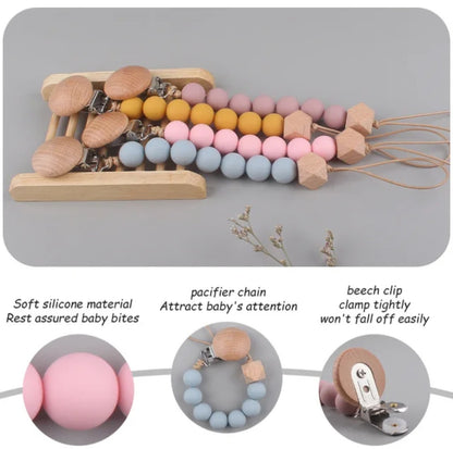 Wood Silicone Beads Bpa Free Pacifier Clip Silicone Pacifier Baby Pacifier Clip
