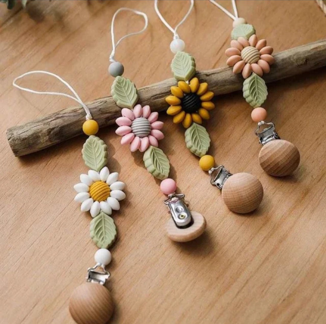 Flower Baby Pacifier Clip Holder Sunflower Pacifier Chain Silicone Beaded Baby Pacifier Clip