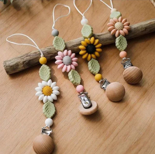 Flower Baby Pacifier Clip Holder Sunflower Pacifier Chain Silicone Beaded Baby Pacifier Clip