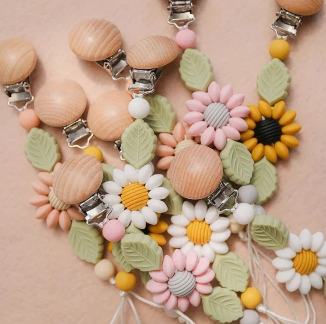 Flower Baby Pacifier Clip Holder Sunflower Pacifier Chain Silicone Beaded Baby Pacifier Clip