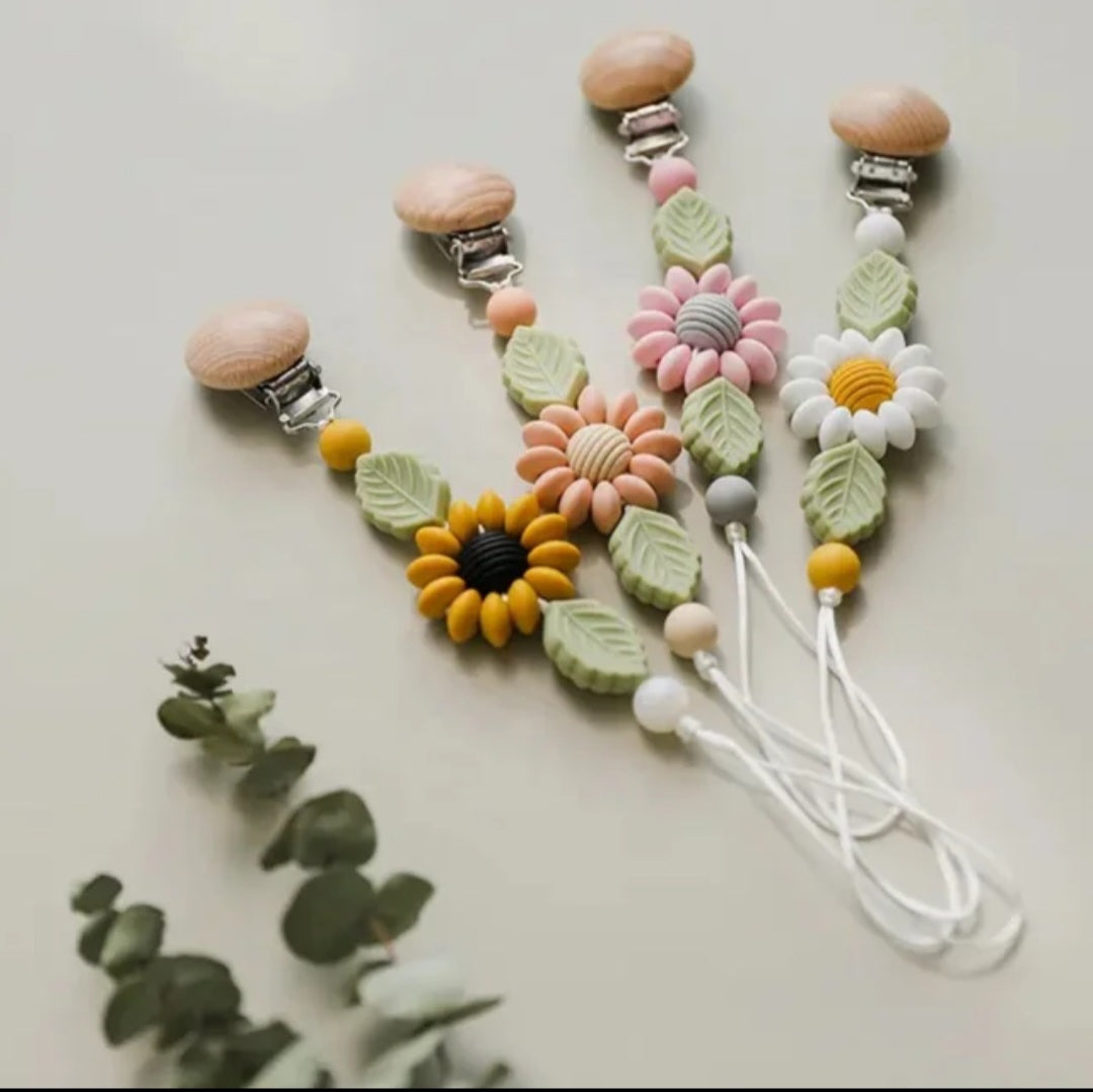 Flower Baby Pacifier Clip Holder Sunflower Pacifier Chain Silicone Beaded Baby Pacifier Clip