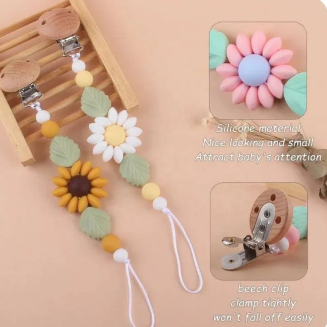 Flower Baby Pacifier Clip Holder Sunflower Pacifier Chain Silicone Beaded Baby Pacifier Clip